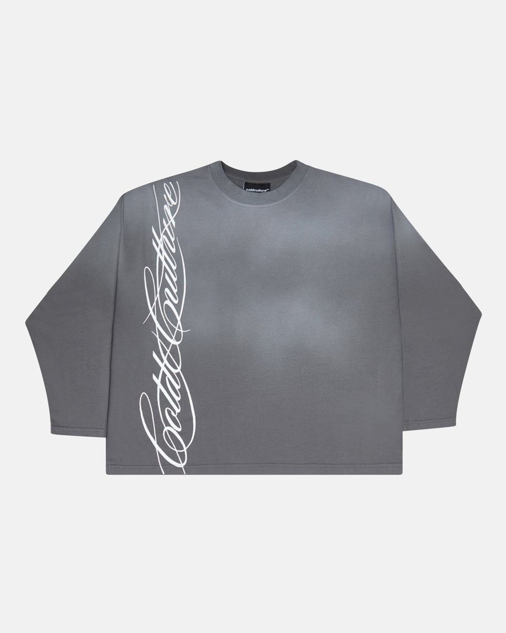 SCRIPT LONGSLEEVE TEE ANTRACITE GREY - dark grey script print longsleeve tee, front view - Cold Culture #packshot