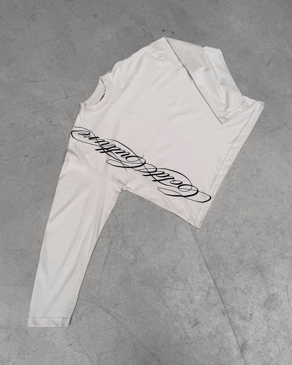 SCRIPT LONGSLEEVE TEE LIGHT GREY - light grey script print longsleeve tee, flat lay - Cold Culture