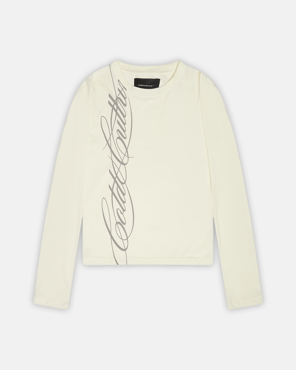SCRIPT LONGSLEEVE TEE WHITE - white script print longsleeve tee, front view - Cold Culture #packshot