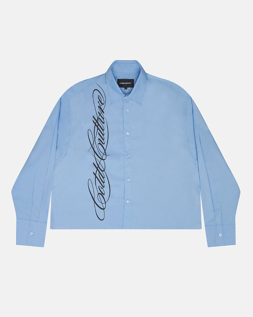 SCRIPT SHIRT BABY BLUE - baby blue long sleeve shirt, front view - Cold Culture #packshot