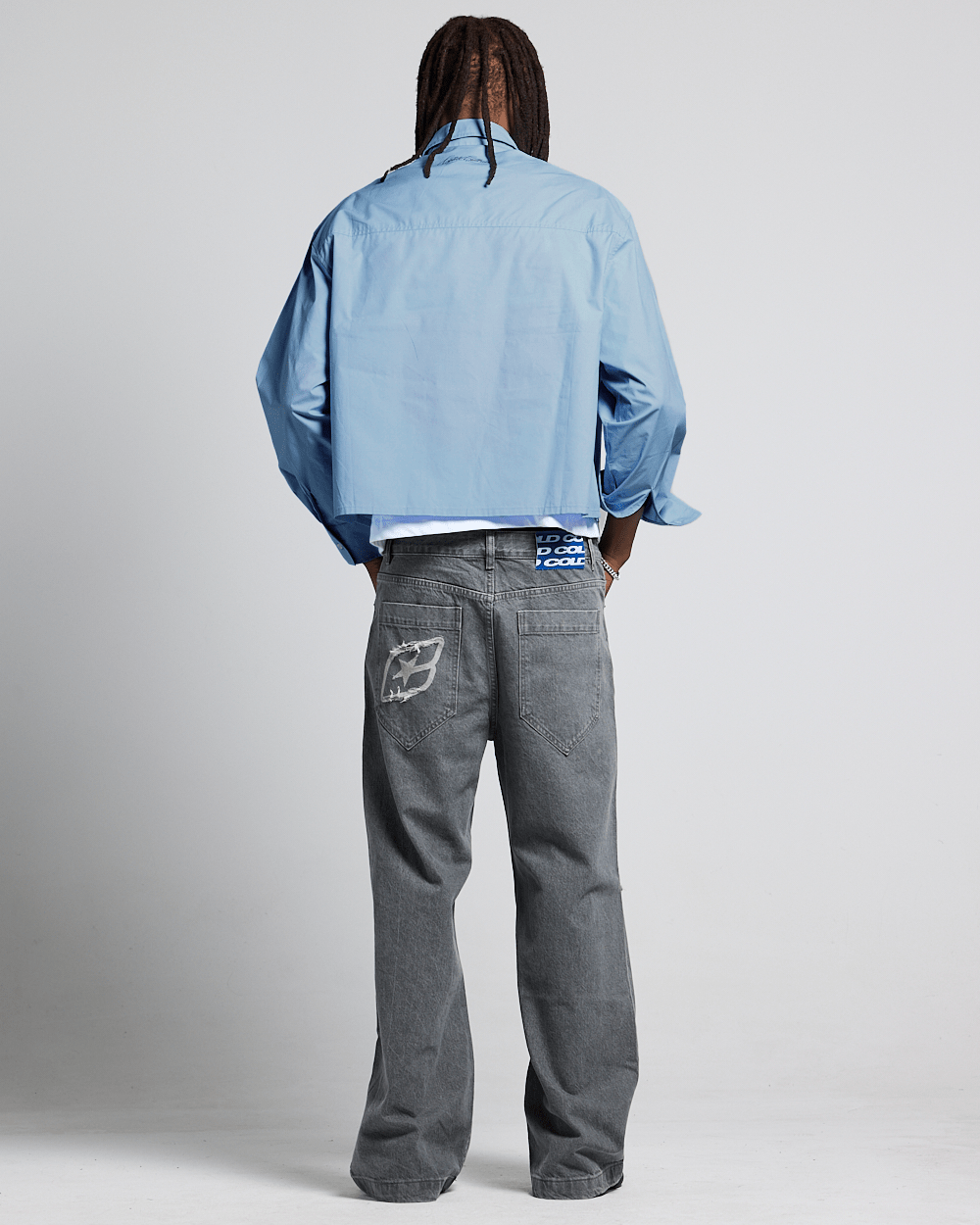 SCRIPT SHIRT BABY BLUE - baby blue long sleeve shirt, back view on male model - Cold Culture #man