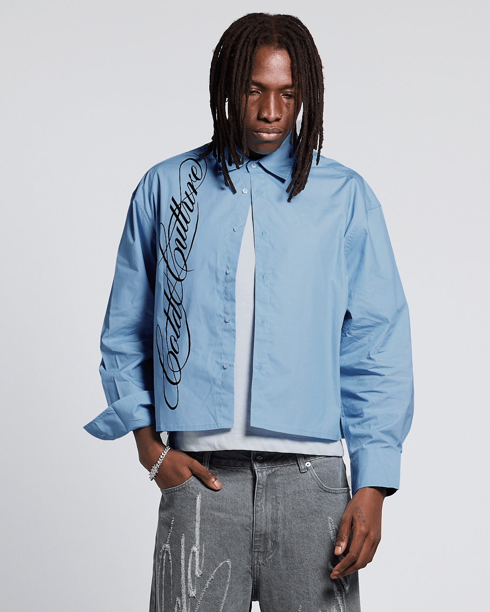 SCRIPT SHIRT BABY BLUE - baby blue long sleeve shirt, front view on male model - Cold Culture #man