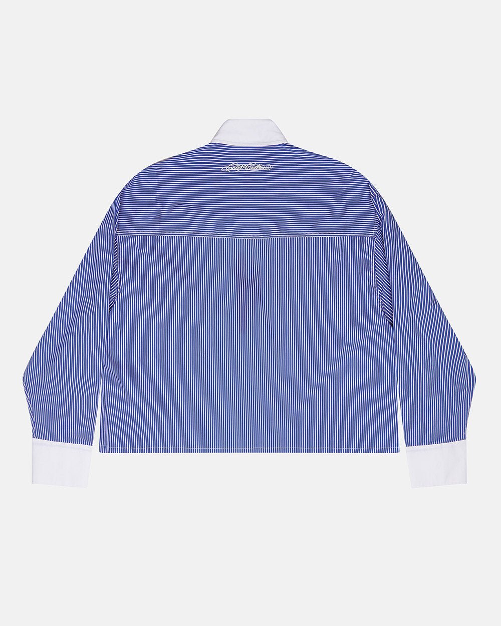 SCRIPT SHIRT BLUE & WHITE - blue striped long sleeve shirt, back view - Cold Culture #packshot