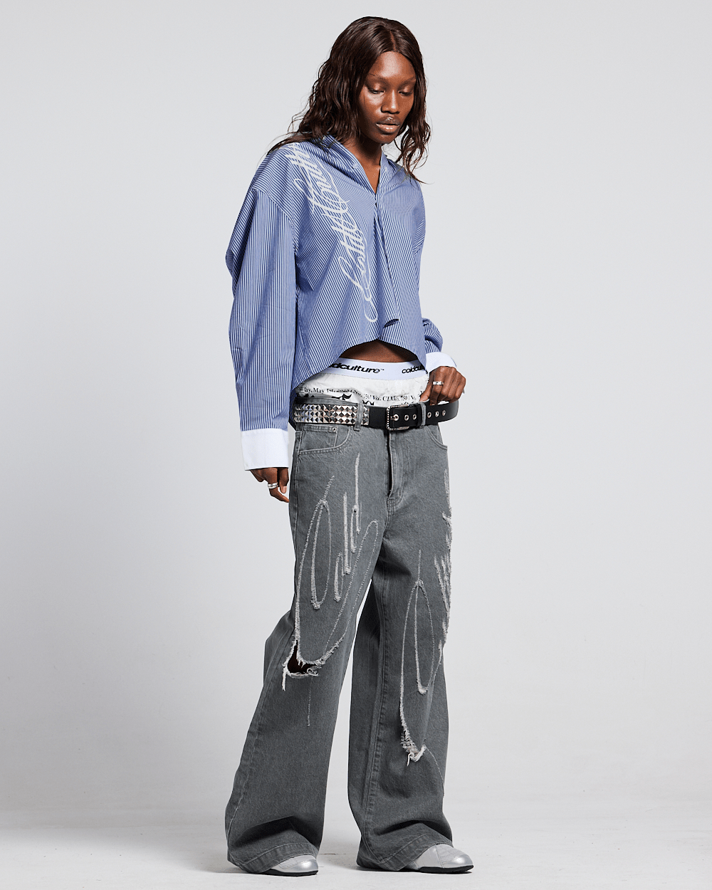 SCRIPT SHIRT BLUE & WHITE - blue striped long sleeve shirt, front view on female model - Cold Culture #woman