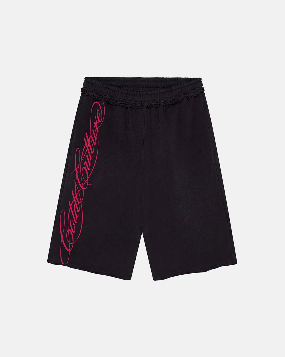 SCRIPT SHORT BLACK - black graphic print shorts, front view - Cold Culture #packshot