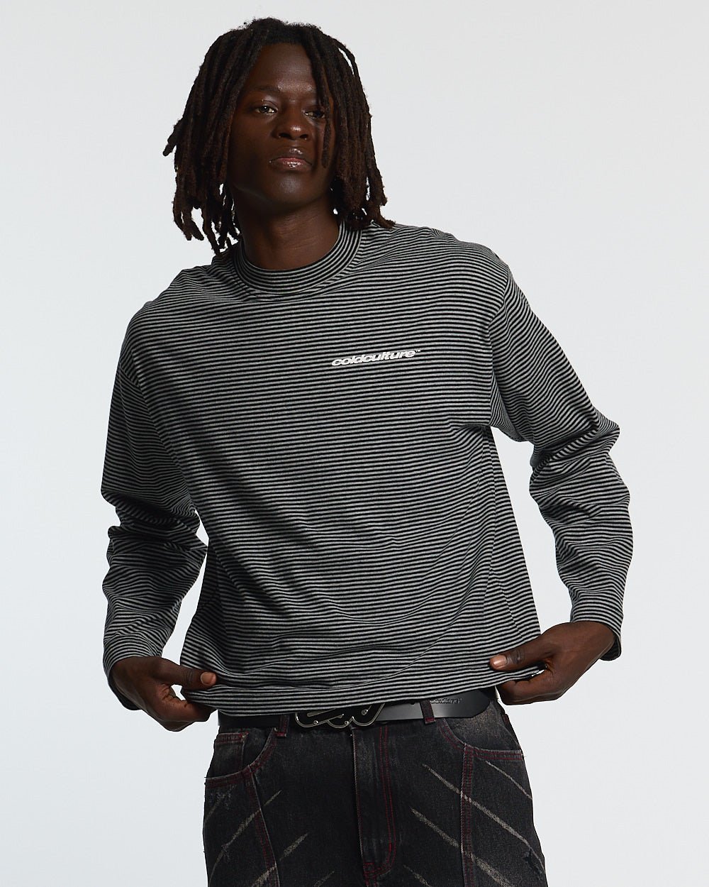 SCRIPT STRIPES LONGSLEEVE BLACK - black striped longsleeve tee, front view on male model - Cold Culture #man
