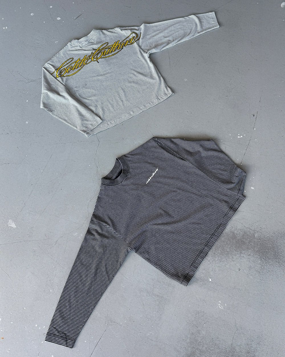 SCRIPT STRIPES LONGSLEEVE BLACK - black striped longsleeve tee, flat lay with matching pieces - Cold Culture