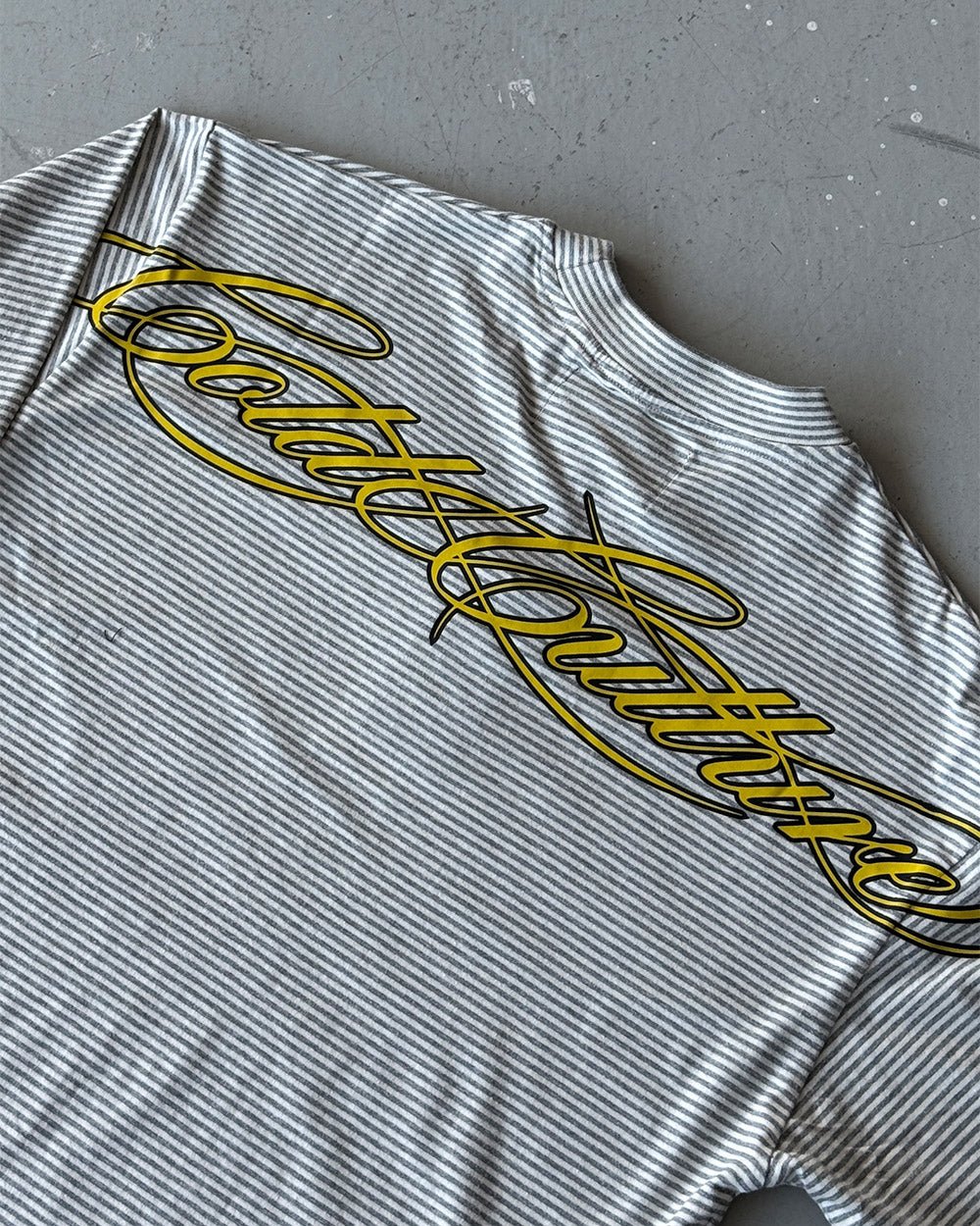 SCRIPT STRIPES LONGSLEEVE GREY - grey striped longsleeve tee, detail close-up - Cold Culture