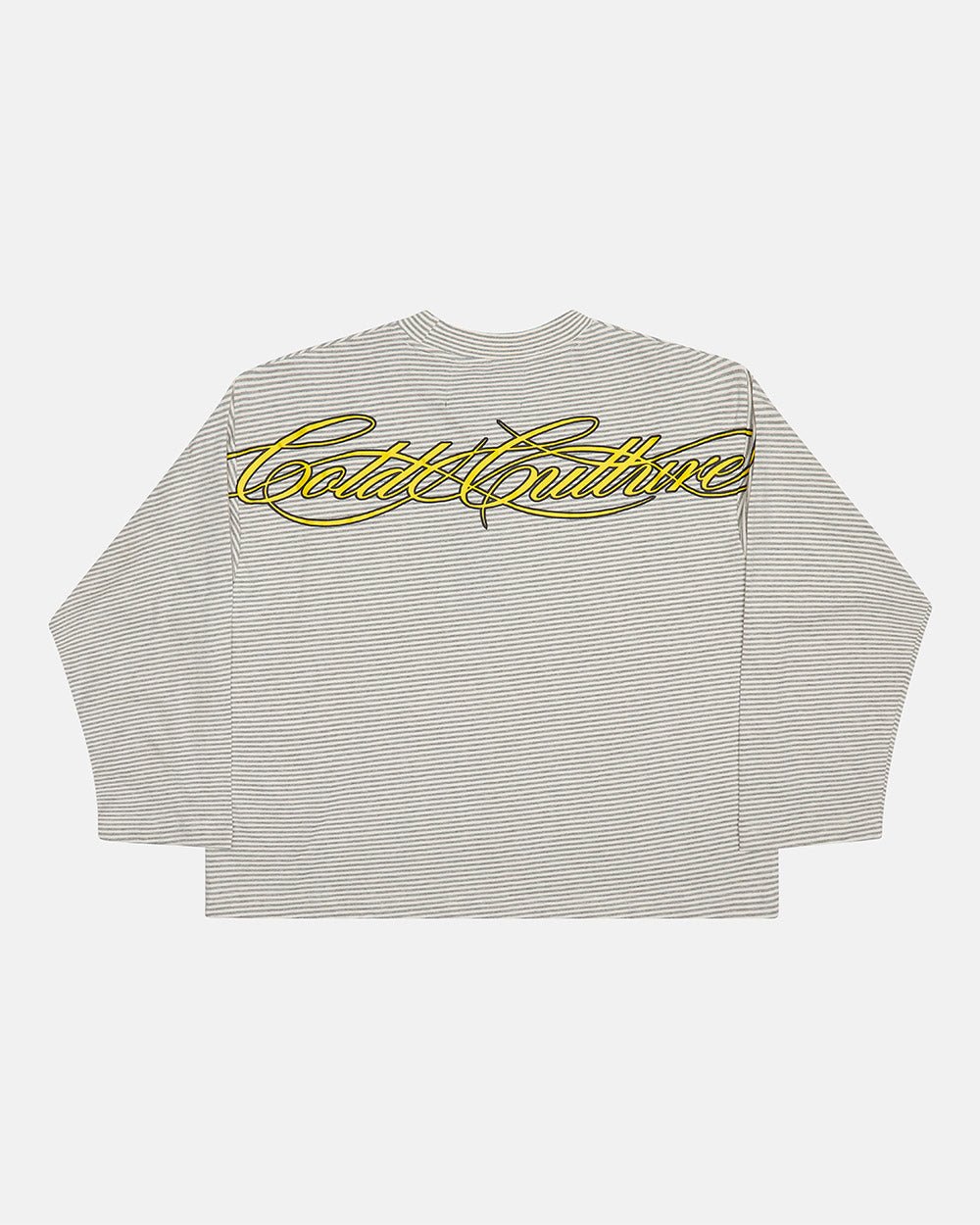 SCRIPT STRIPES LONGSLEEVE GREY - grey striped longsleeve tee, back view - Cold Culture #packshot