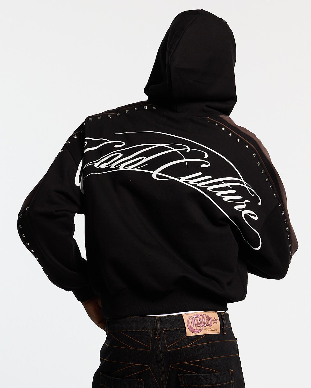 SCRIPT STUDS HOODIE BLACK - black studded hoodie, back view on male model - Cold Culture