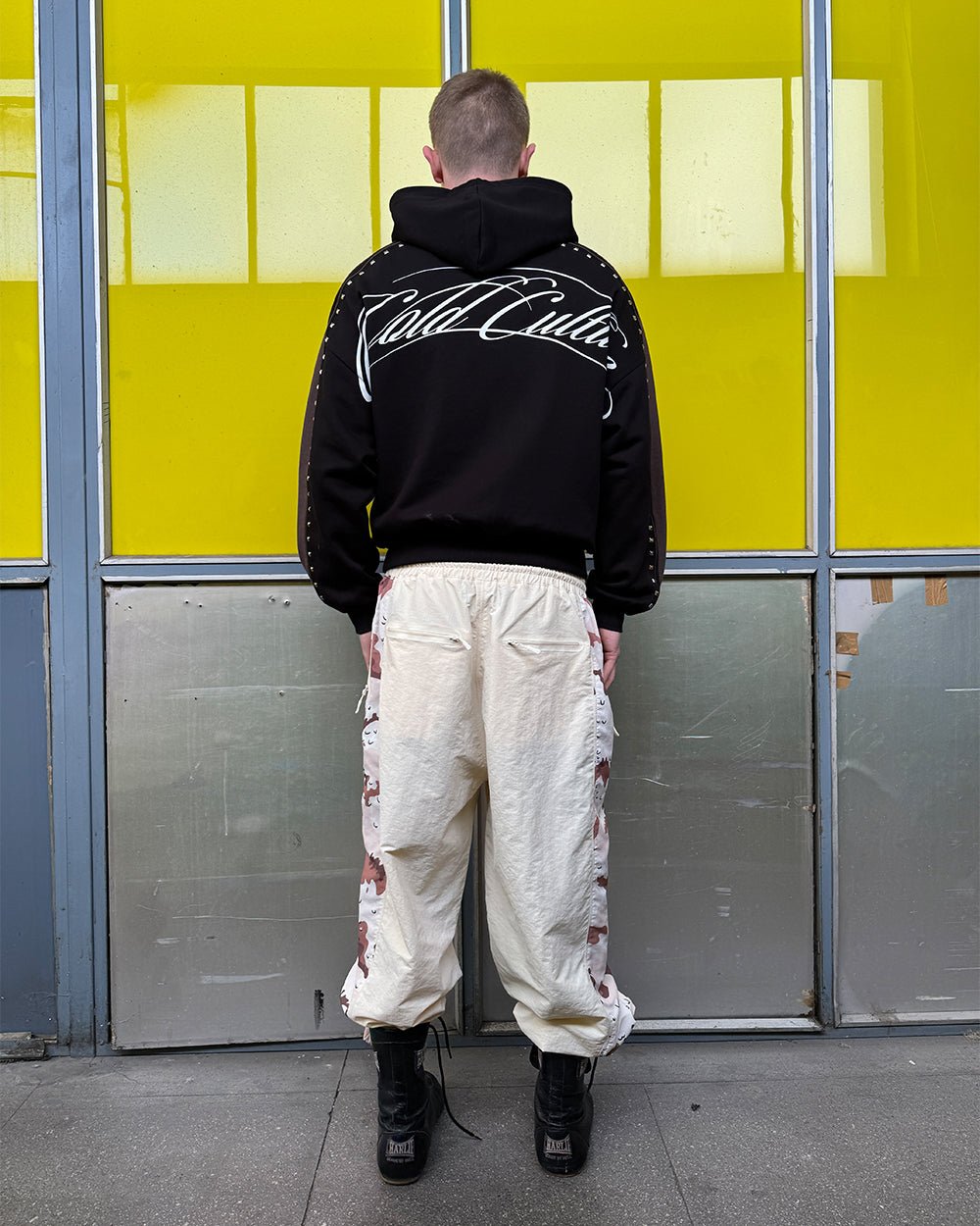 SCRIPT STUDS HOODIE BLACK - black studded hoodie, street style shot - Cold Culture