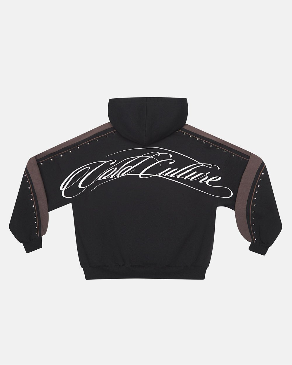 SCRIPT STUDS HOODIE BLACK - black studded hoodie, back view - Cold Culture #packshot