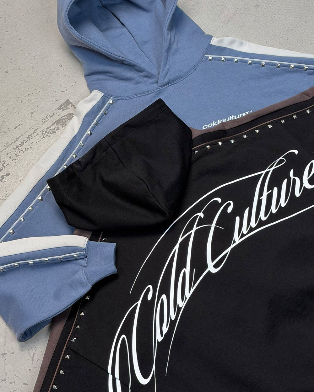 SCRIPT STUDS HOODIE BLACK - black studded hoodie, flat lay with matching pieces - Cold Culture