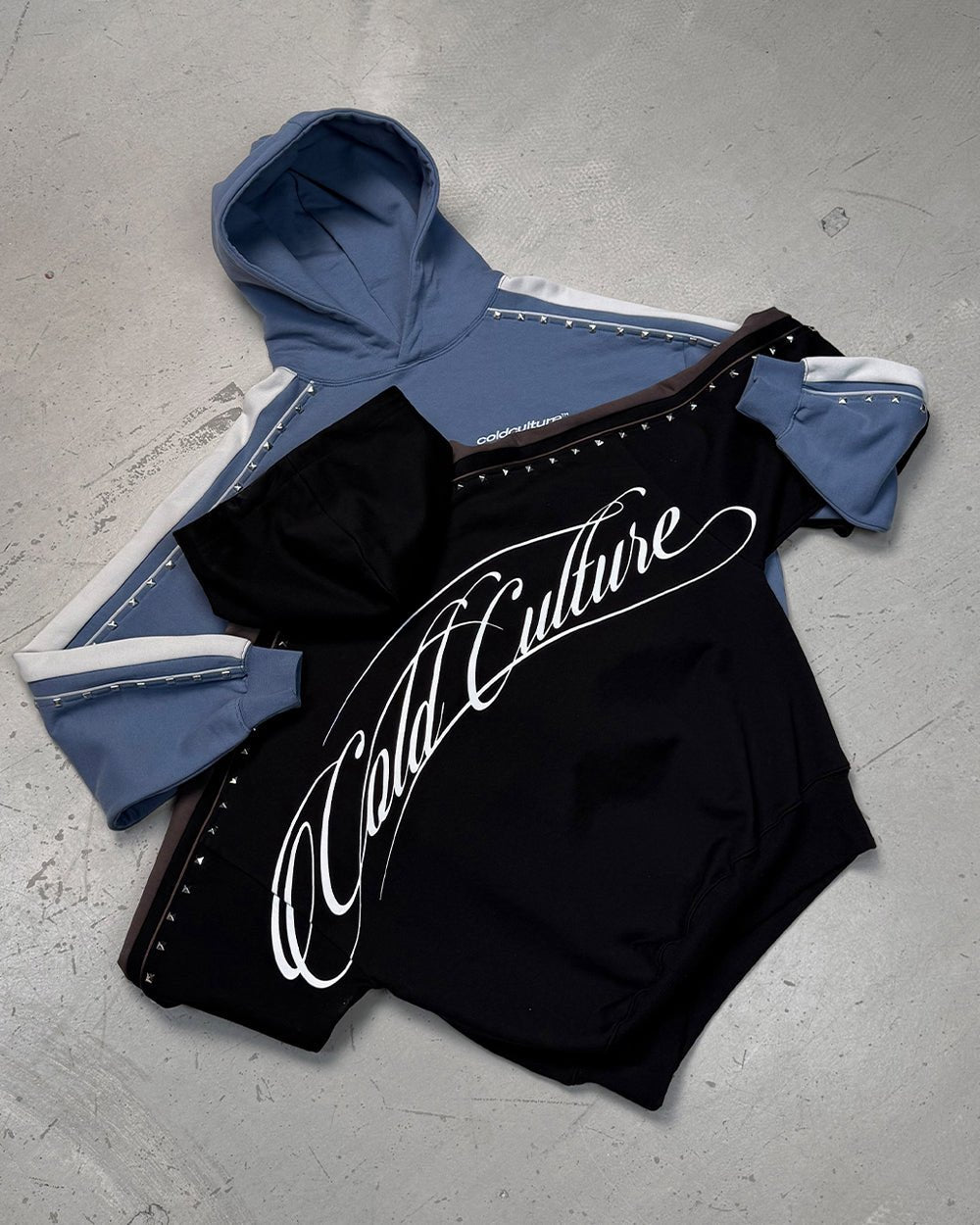 SCRIPT STUDS HOODIE BLUE - blue studded hoodie, flat lay with matching pieces - Cold Culture