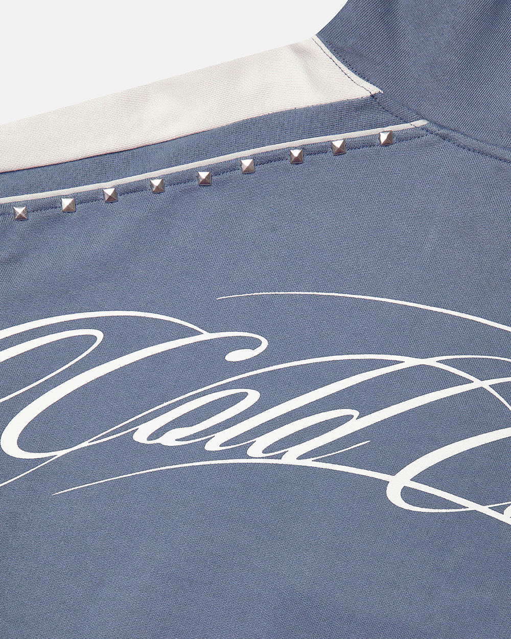 SCRIPT STUDS HOODIE BLUE - blue studded hoodie, detail close-up - Cold Culture