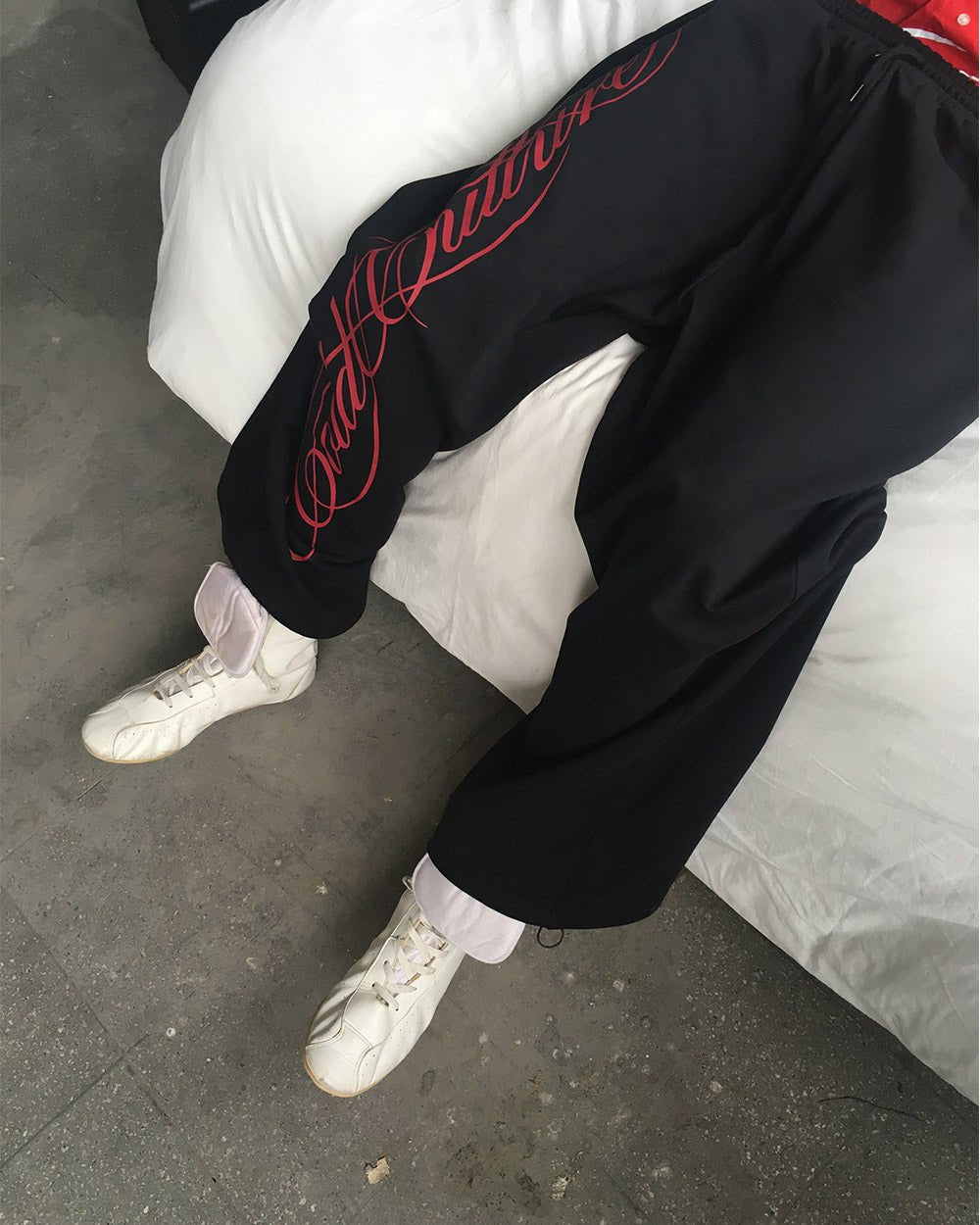 SCRIPT SWEATPANTS BLACK - black graphic print sweatpants, worn detail - Cold Culture