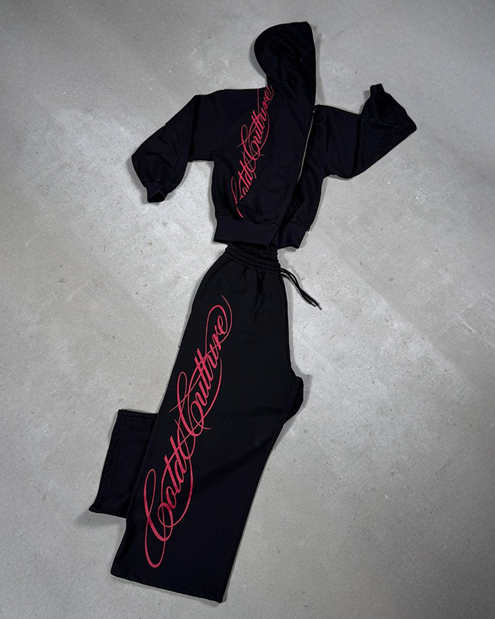 SCRIPT SWEATPANTS BLACK - black graphic print sweatpants, flat lay with matching pieces - Cold Culture
