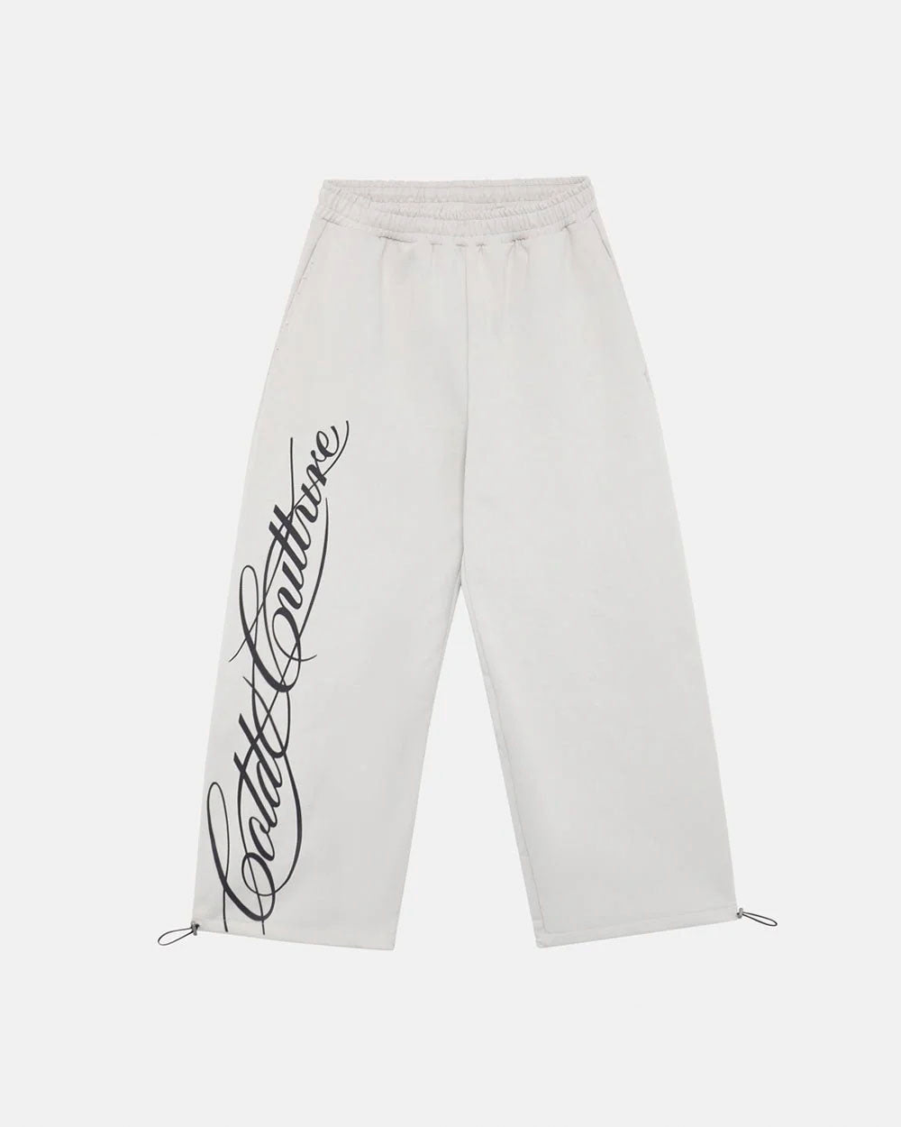 SCRIPT SWEATPANTS LIGHT GREY - light grey script print sweatpants, front view - Cold Culture #packshot