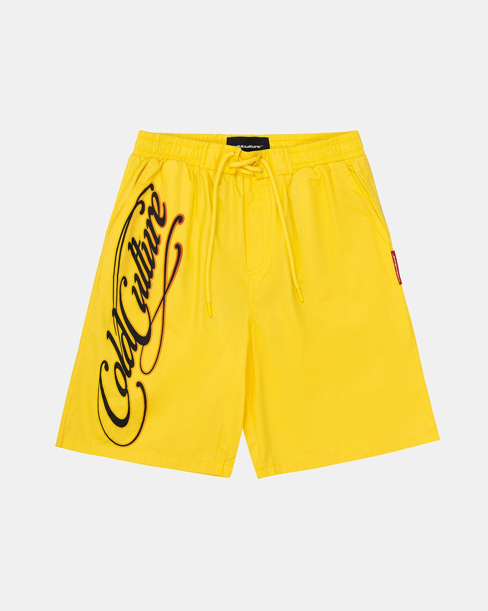 SCRIPT SWIMSHORTS YELLOW - yellow script print swim shorts, front view - Cold Culture #packshot