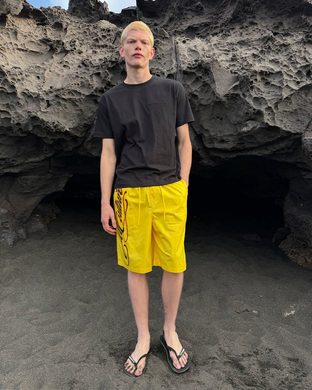 SCRIPT SWIMSHORTS YELLOW - yellow script print swim shorts, street style shot - Cold Culture
