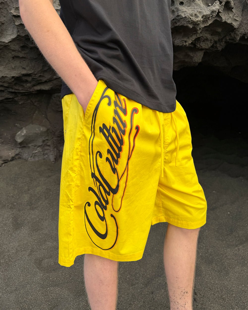 SCRIPT SWIMSHORTS YELLOW - yellow script print swim shorts, worn detail - Cold Culture