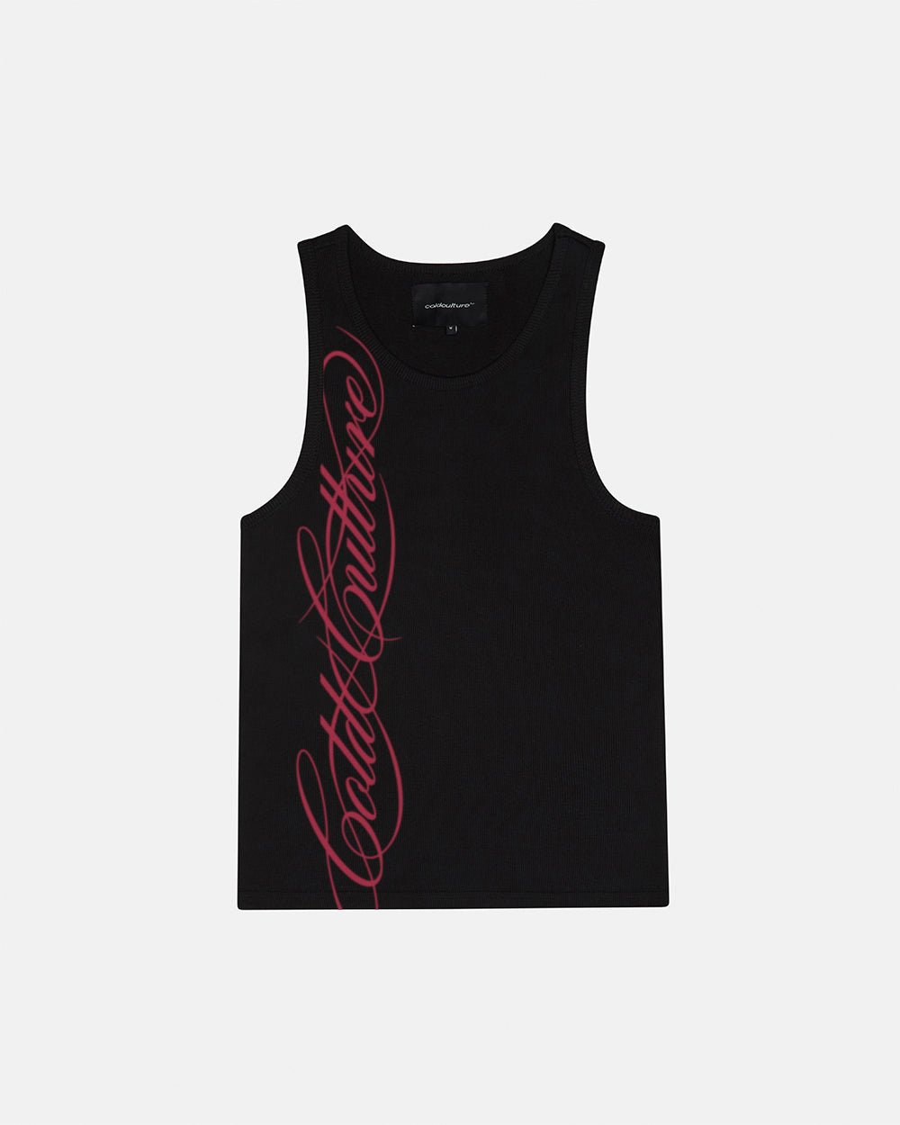 SCRIPT TANK TOP BLACK - black ribbed tank top, front view - Cold Culture #packshot