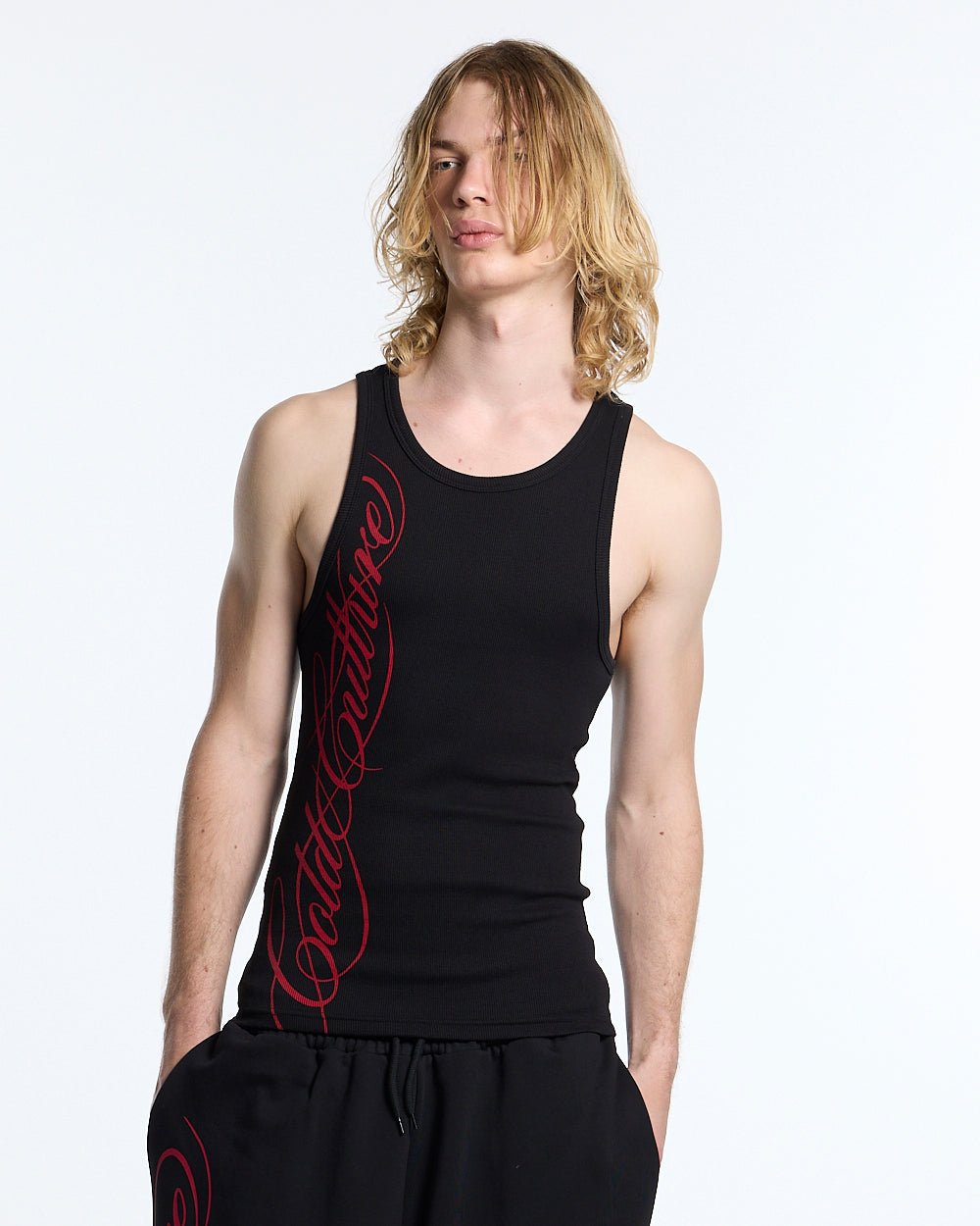 SCRIPT TANK TOP BLACK - black ribbed tank top, front view on male model - Cold Culture #man