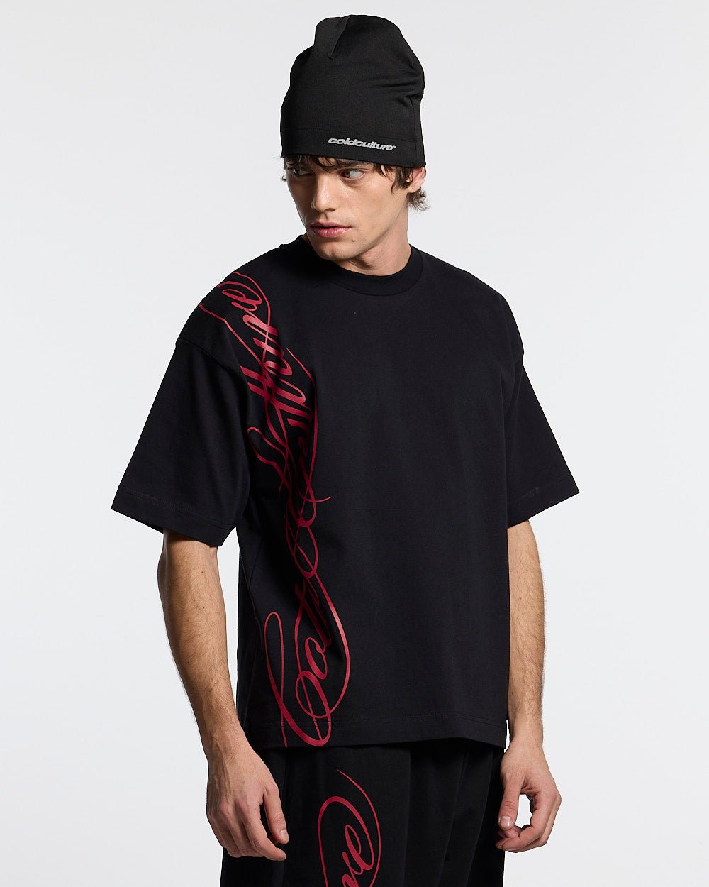 SCRIPT TEE BLACK - black script print tee, front view on male model - Cold Culture #man