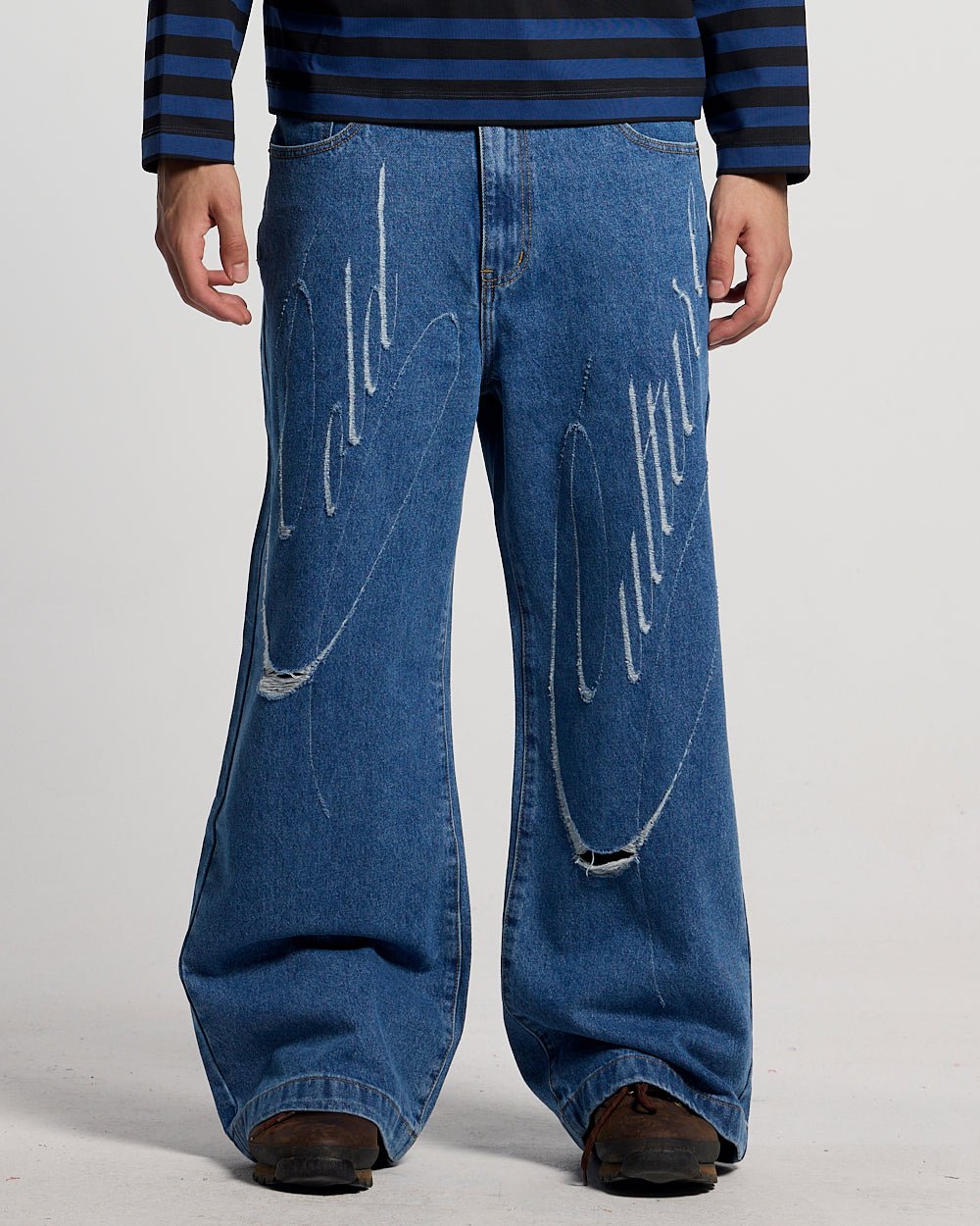 SCRIPT V3 PANTS LIGHT BLUE - light blue distressed denim pants, front view on male model - Cold Culture