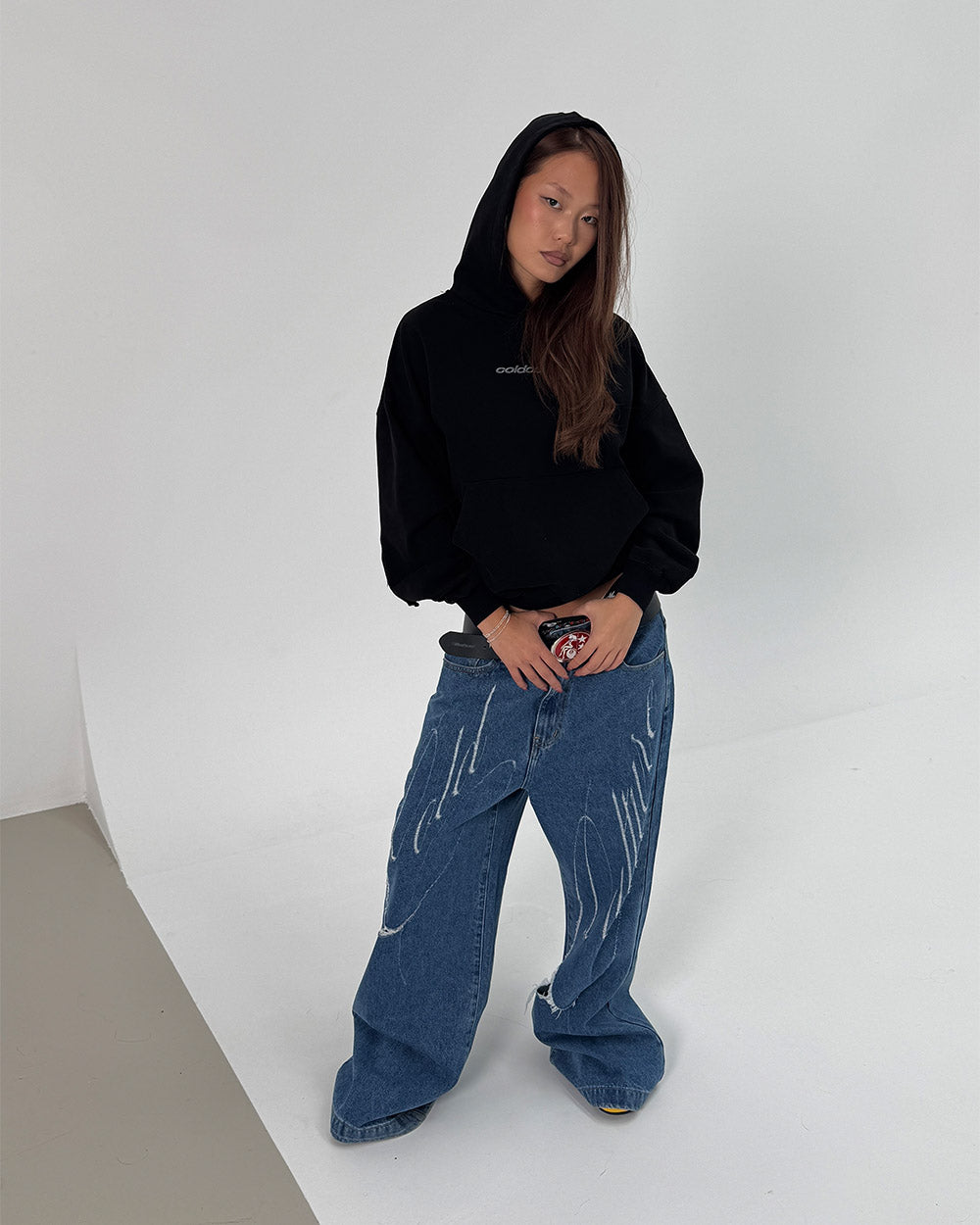 SCRIPT V3 PANTS LIGHT BLUE - light blue distressed denim pants, front view on female model - Cold Culture #woman