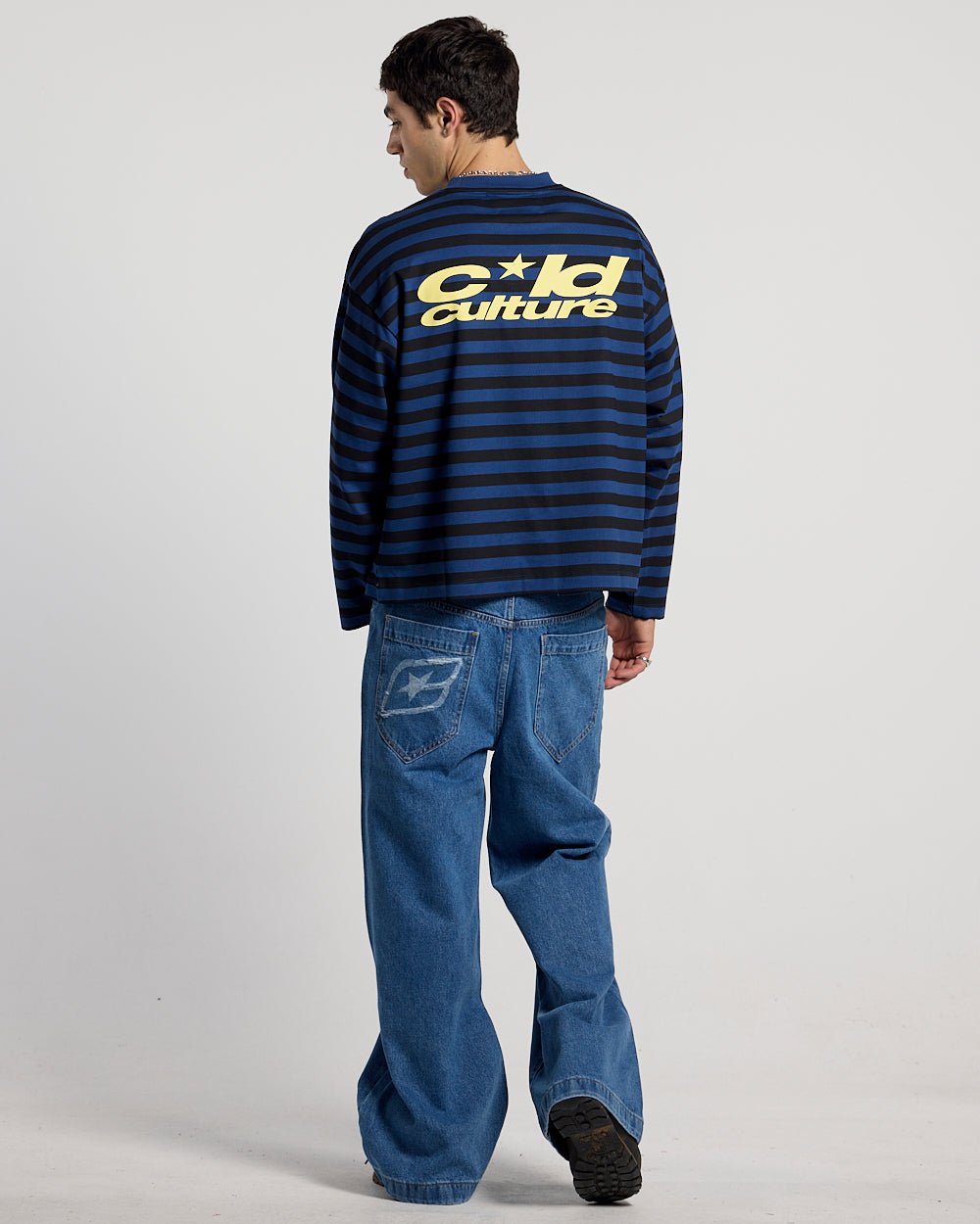SCRIPT V3 PANTS LIGHT BLUE - light blue distressed denim pants, back view on male model - Cold Culture #man