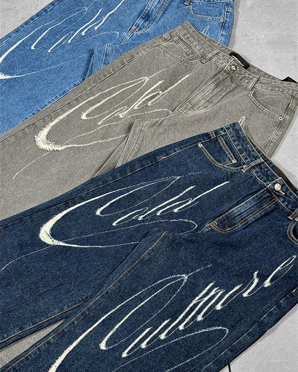 SCRIPT V3 PANTS RAW DENIM - dark blue baggy denim pants, detail close-up - Cold Culture