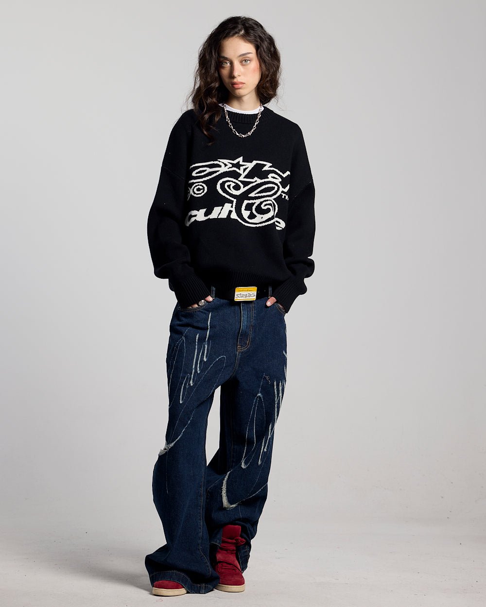 SCRIPT V3 PANTS RAW DENIM - dark blue baggy denim pants, front view on female model - Cold Culture #woman