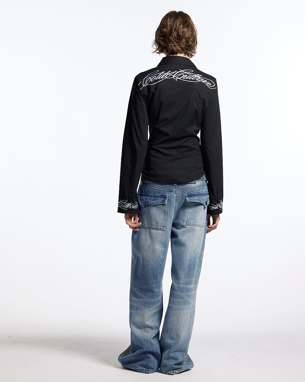 SCRIPT WORLDWIDE SHIRT DARK GREY - dark grey pinstripe shirt, back view on female model - Cold Culture #woman