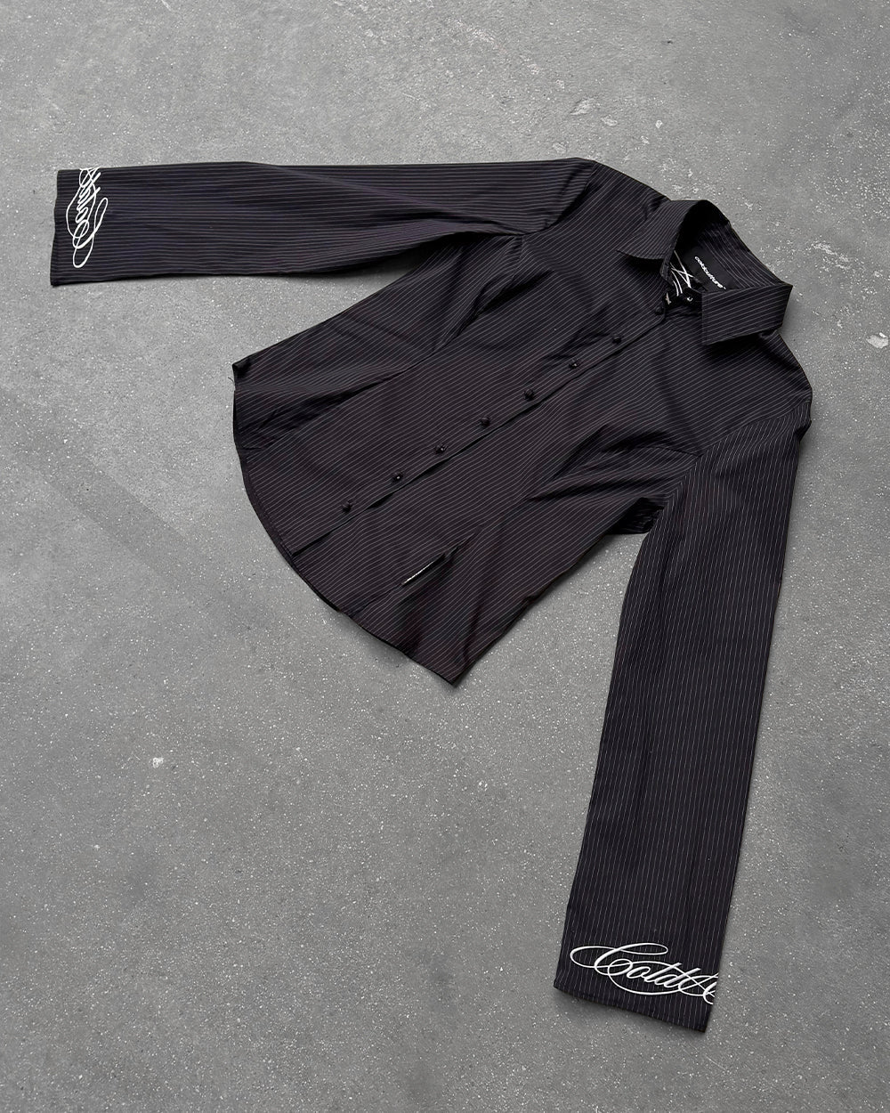 SCRIPT WORLDWIDE SHIRT DARK GREY - dark grey pinstripe shirt, flat lay - Cold Culture