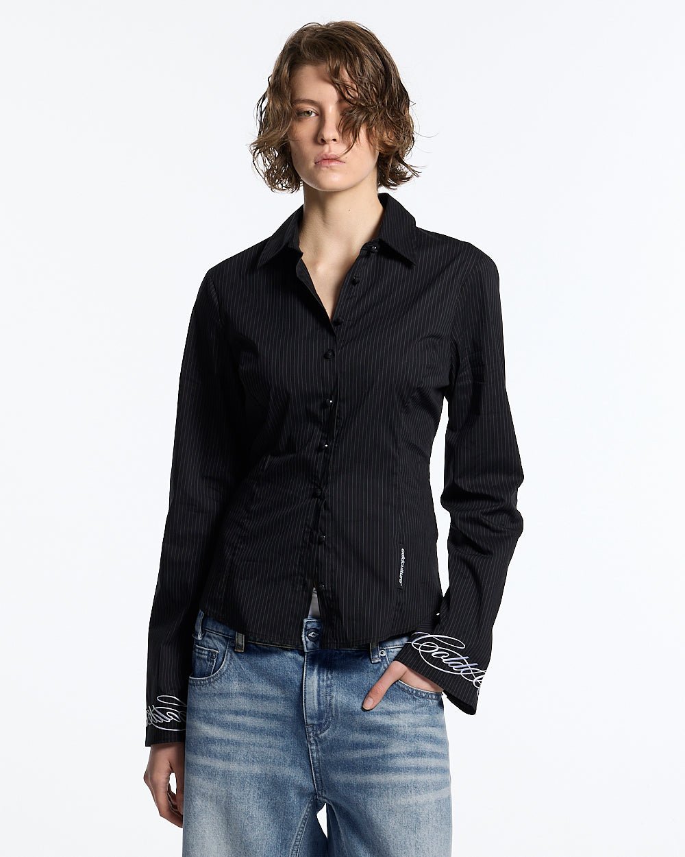 SCRIPT WORLDWIDE SHIRT DARK GREY - dark grey pinstripe shirt, front view on female model - Cold Culture #woman