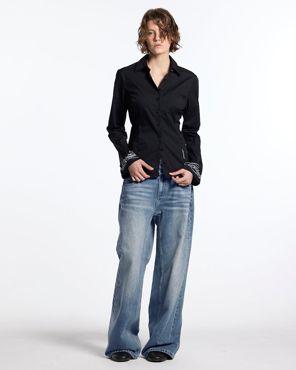 SCRIPT WORLDWIDE SHIRT DARK GREY - dark grey pinstripe shirt, front view on female model - Cold Culture #woman