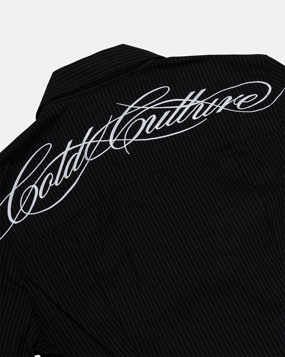 SCRIPT WORLDWIDE SHIRT DARK GREY - dark grey pinstripe shirt, detail close-up - Cold Culture