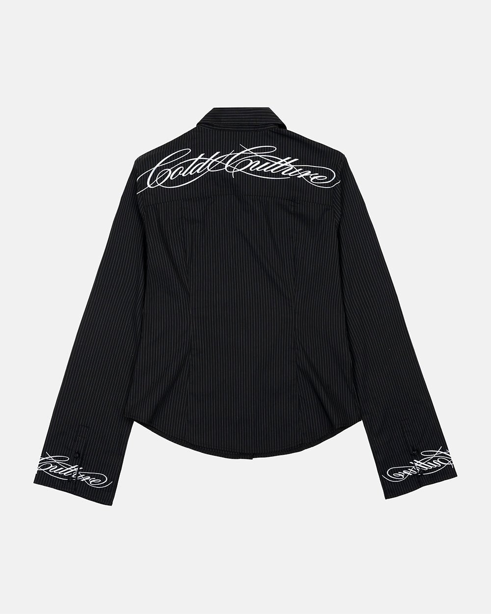 SCRIPT WORLDWIDE SHIRT DARK GREY - dark grey pinstripe shirt, back view - Cold Culture #packshot