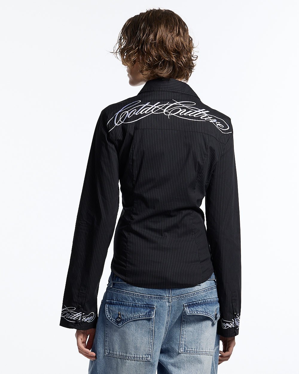 SCRIPT WORLDWIDE SHIRT DARK GREY - dark grey pinstripe shirt, back view on female model - Cold Culture #woman