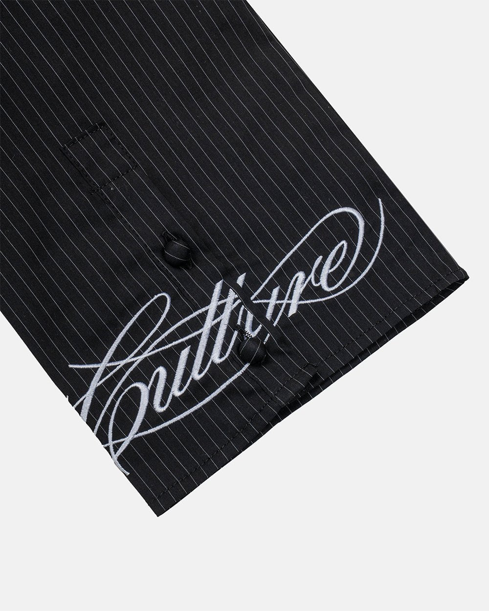 SCRIPT WORLDWIDE SHIRT DARK GREY - dark grey pinstripe shirt, detail close-up - Cold Culture