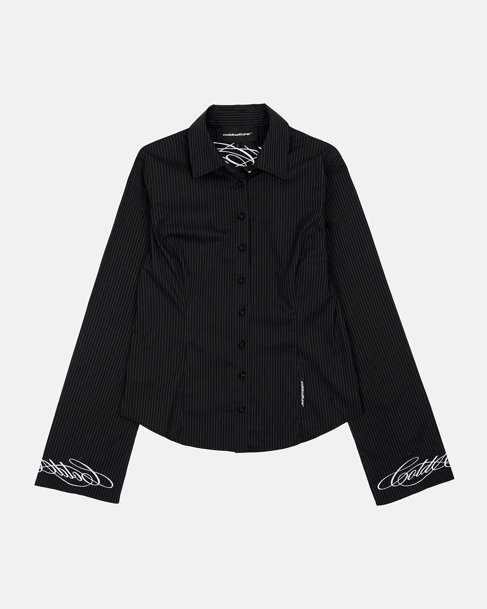 SCRIPT WORLDWIDE SHIRT DARK GREY - dark grey pinstripe shirt, front view - Cold Culture #packshot