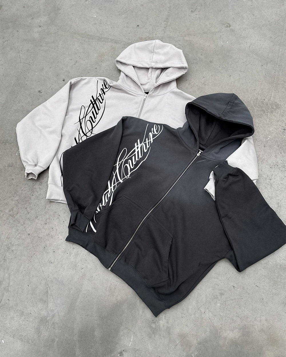 SCRIPT ZIP HOODIE ANTRACITE GREY - dark grey script print zip hoodie, flat lay with matching pieces - Cold Culture