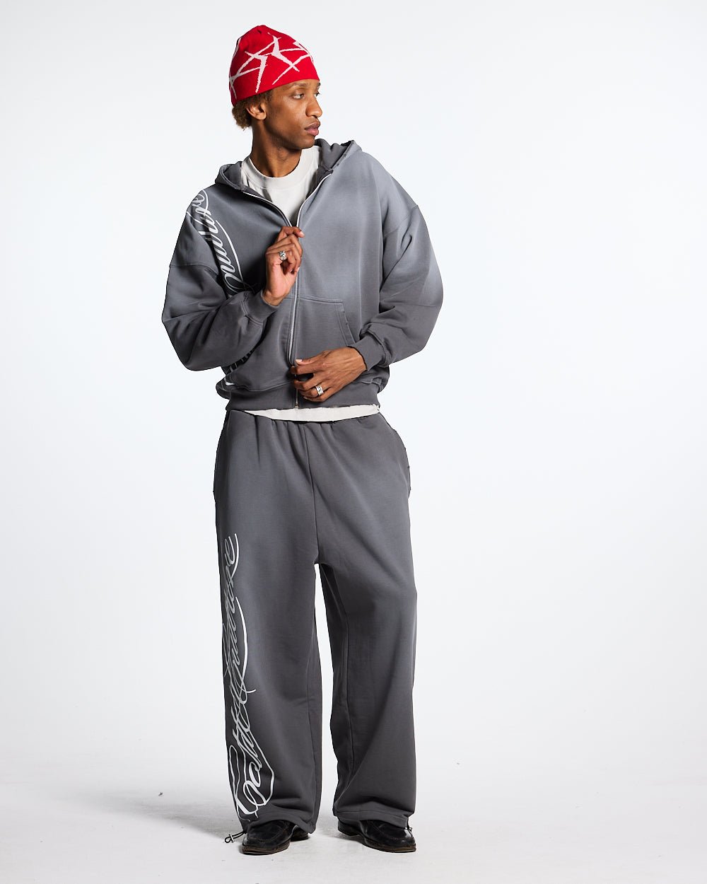 SCRIPT ZIP HOODIE ANTRACITE GREY - dark grey script print zip hoodie, front view on male model - Cold Culture #man