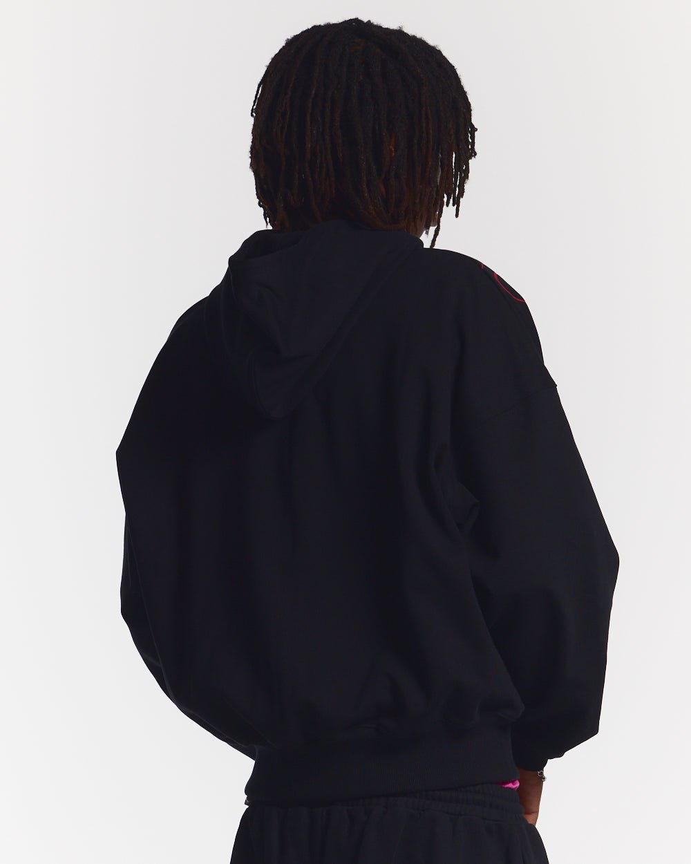 SCRIPT ZIP HOODIE BLACK - black graphic print zip-up hoodie, back view on male model - Cold Culture #man
