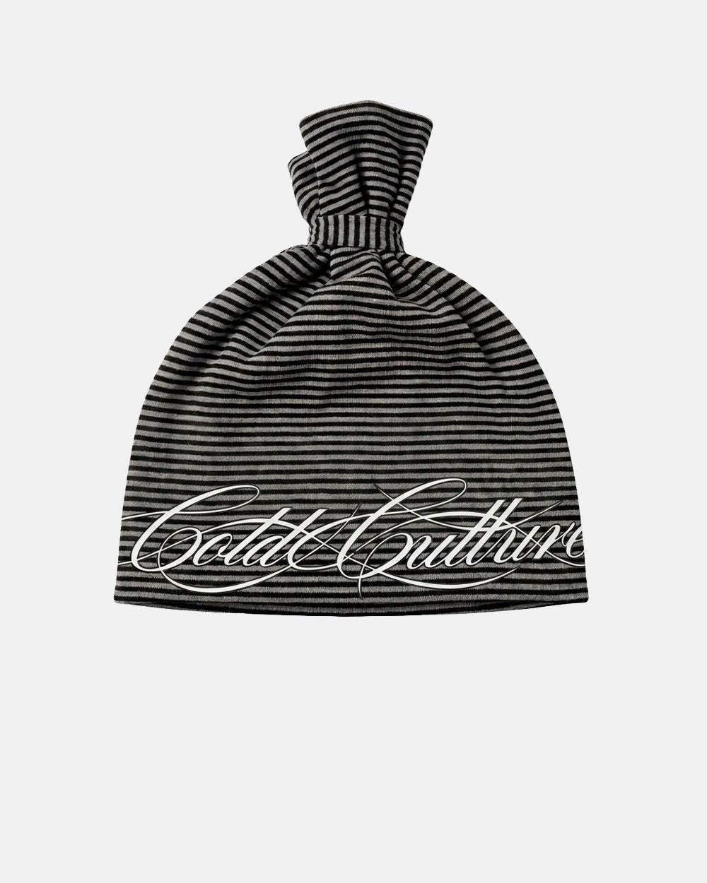 SCRIPTED STRIPES KNOT BEANIE BLACK - black striped knot beanie, front view - Cold Culture #packshot