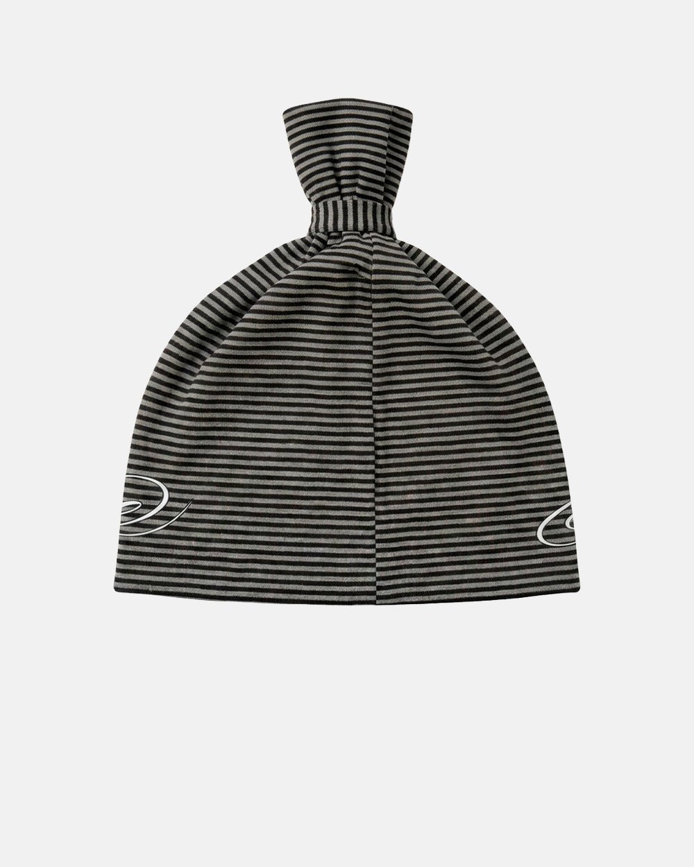 SCRIPTED STRIPES KNOT BEANIE BLACK - black striped knot beanie, back view - Cold Culture #packshot