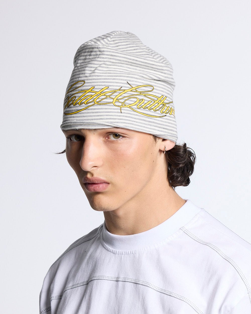 SCRIPTED STRIPES BEANIE WHITE - white striped beanie, front view on male model - Cold Culture #man