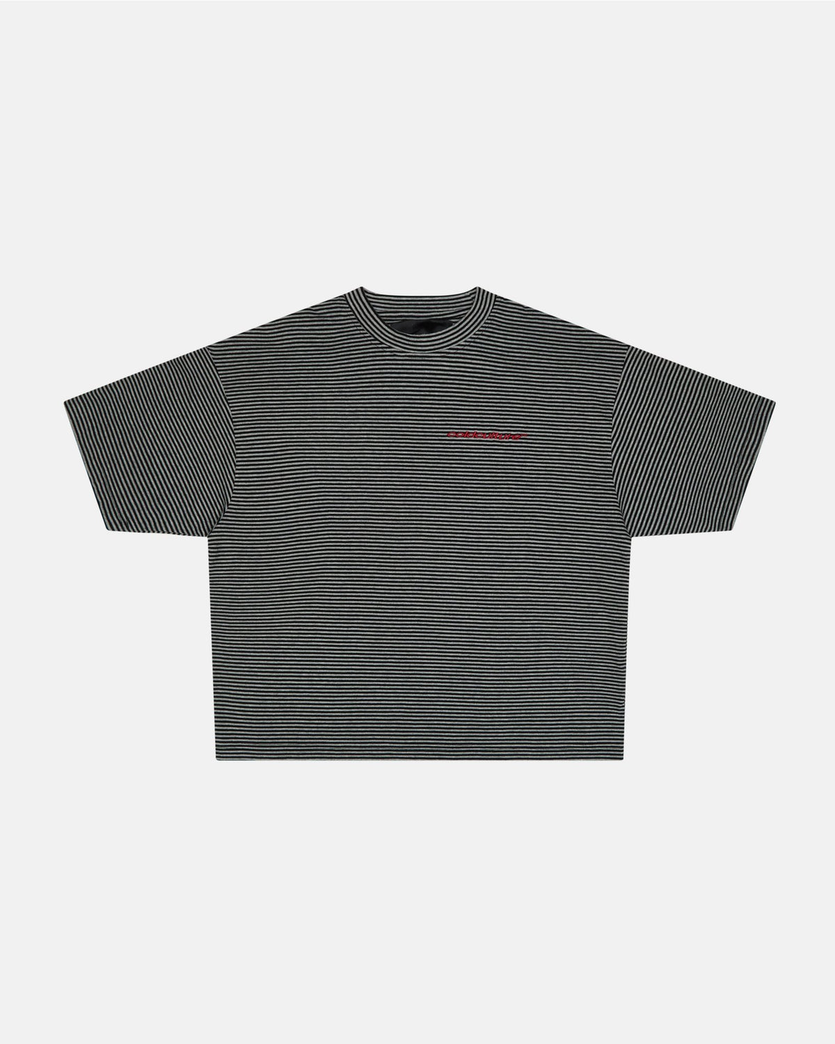 SCRIPTED STRIPES TEE BLACK - black striped tee, front view - Cold Culture #packshot