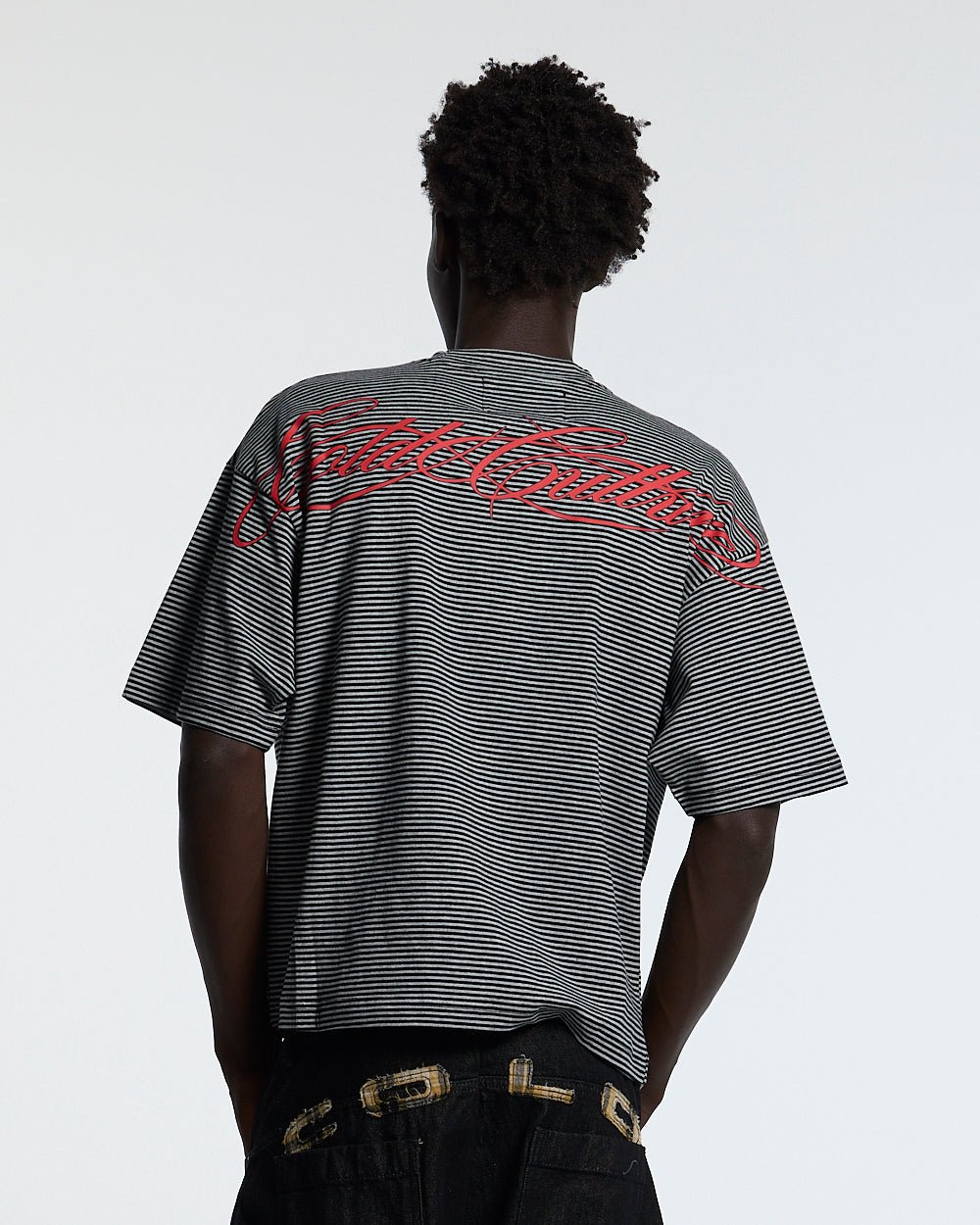 SCRIPTED STRIPES TEE BLACK - black striped tee, back view on male model - Cold Culture #man